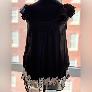 Bizz brand size S ruffled black satin tank with embroidered flowers